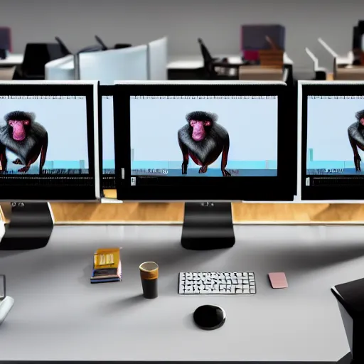 Prompt: a large number of monkeys are sitting in cheap office chairs staring at computer screens in a crowded office with cubicles, the computer screens have bitcoin logos, hyperrealism, unreal engine 5, 4 k, harsh contrast lighting