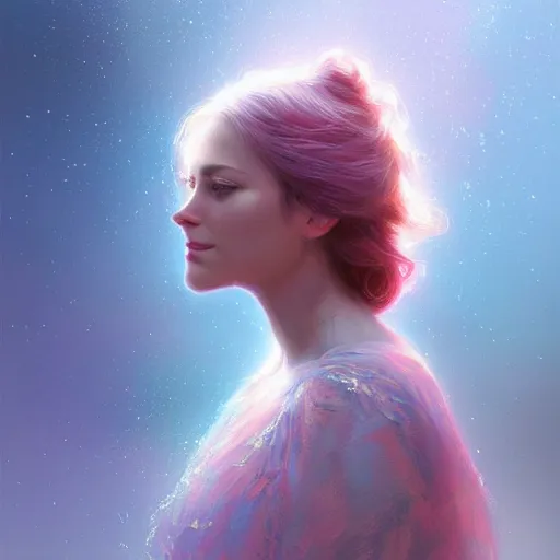 Image similar to beautiful uncertainty, sharp focus, intricate, elegant, digital painting, artstation, matte, highly detailed, concept art, illustration, volumetric lighting, gold and blue and pink color scheme, bokeh light, art by greg olsen and liz lemon swindle