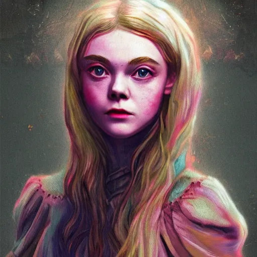 Prompt: Elle Fanning in the painted world of Dark Souls, head and shoulders masterpiece, apocalypse, golden hour, cosmic horror, artstation, in the style of 60s color field painting, extremely detailed