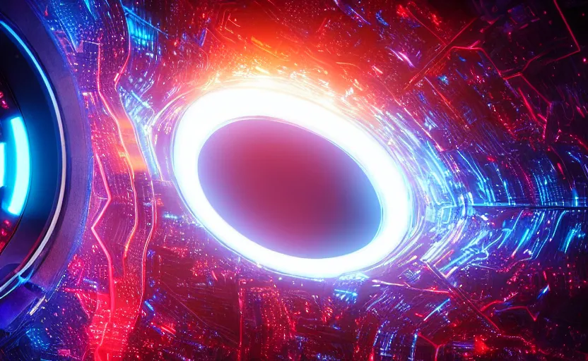 Image similar to hole in the center of planet earth, tron, close up bokeh hiperrealistic neon glow darkness dramatic neon, sharp focus, octane render, imax