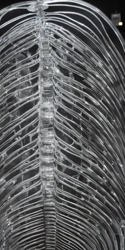 Prompt: a rib cage made from glass displayed at sci - fi museum in a pod, futuristic lights, top lid, sharp focus, sigma 1 5 mm, 8 k ultra detailed, moody