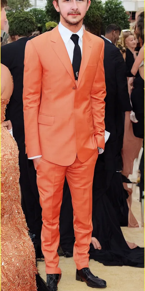 Image similar to 'young Shia LaBeouf wearing a frosty orange cross-cross weaved bamboo royal tuxedo'