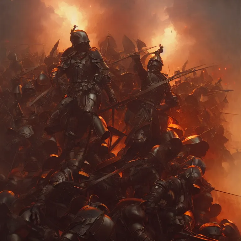 Image similar to commander at the battle field of a medieval war between golden soldiers and black red iron soldiers, dramatic lighting, intricate, wild, highly detailed, digital painting, artstation, concept art, smooth, sharp focus, illustration, art by artgerm and greg rutkowski and alphonse mucha