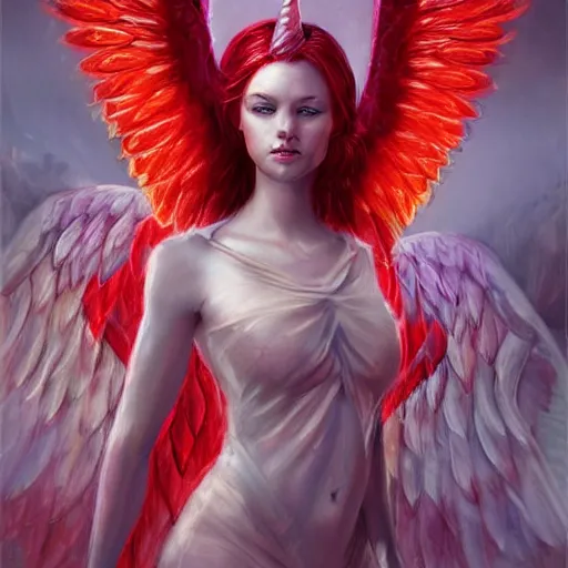 Image similar to woman - unicorn hybrid red angel - wings, stunning, realistic, symmetric portrait, face, intricate, very detailed, fantasy digital art, trending in artstation, marc simonetti