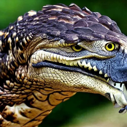 Image similar to hawk and crocodile morphed together, half crocodile, half hawk, real picture taken in zoo, realistic hawk proportions, head of crocodile is seamlessly merged with hawk head, toothy beak,