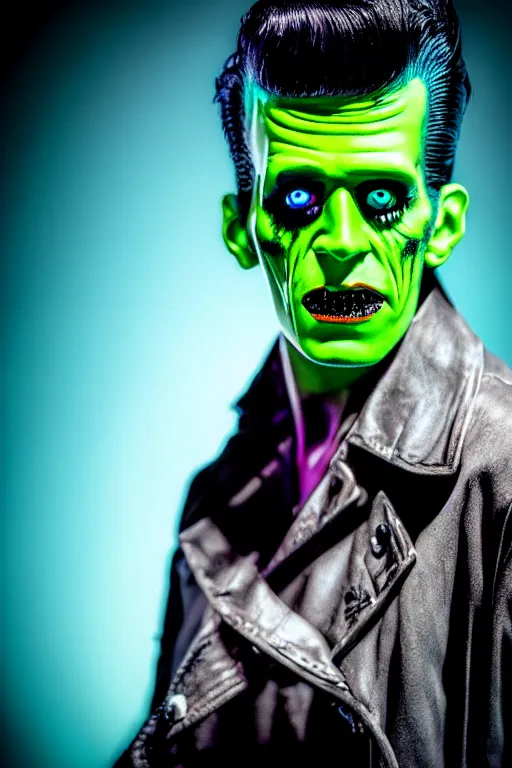 Image similar to Portrait of a young man as a rockabilly Frankenstein's Monster. Rock star Frankenstein. Green-skinned man with blue eyes and striking features. Modeling photography, mood lighting, detailed