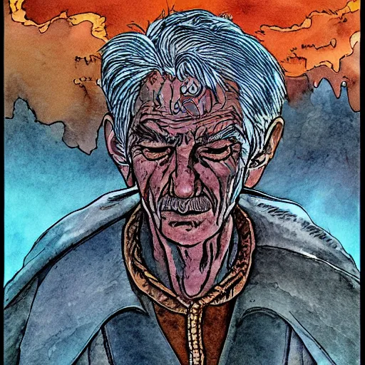 Image similar to very old shaman burns from inside, old gray haired mexican mage close his eyes no pain, watercolor ink painting, in the style of jean giraud, in the style of moebius, detailed realistic hd 8 k high resolution