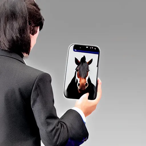 Image similar to a photorealistc horse character is wearing a suit, he is demonstrating the smartphone