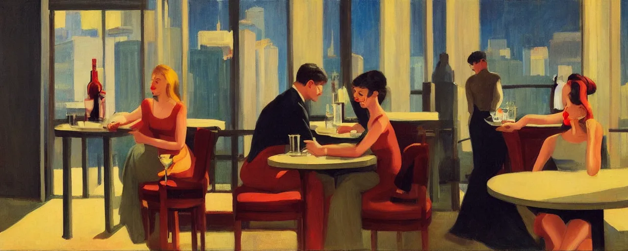 Prompt: a young status-seeking couple drinking cocktails in a classy lounge in NYC, picture in the style of Edward Hopper