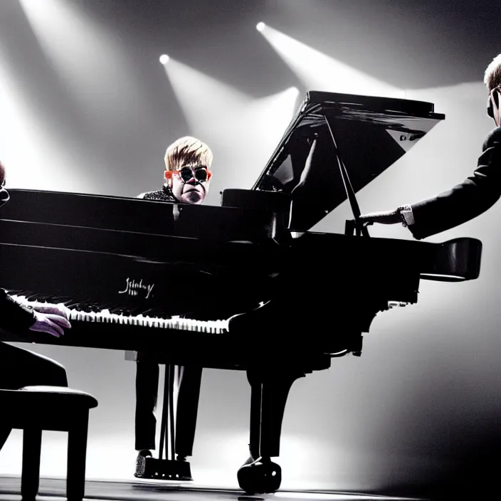 Prompt: hyper realistic, high detail photo of elton john and billy joel playing the piano, beautiful, dreary lighting