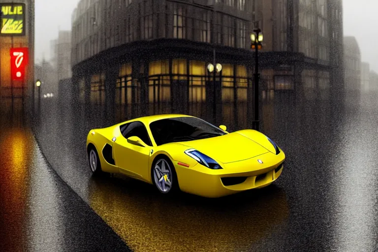 Image similar to a wholesome animation key shot of one focused yellow ferrari, dynamic, on a wet london street, raining, clouwdy atmosphere, wide shot, studio ghibli, pixar and disney animation, sharp, very detailed, high resolution, rendered in unreal engine 5, anime key art by greg rutkowski, overcast lighting, dark