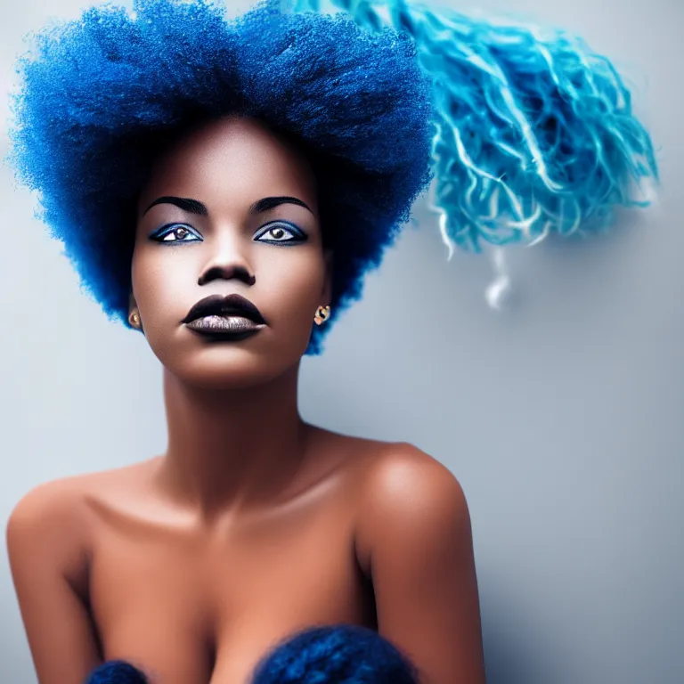 Prompt: black woman with blue hair, portrait, very realistic, highly detrailed