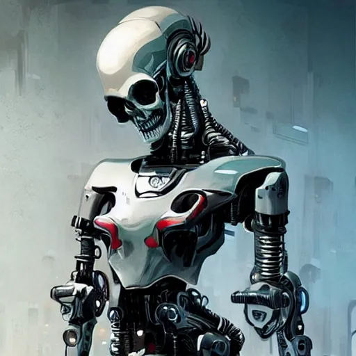 Image similar to skull - headed robot cyborg painting, illutstration, concept art, cyberpunk, futurism, comics art, artgerm, full body shot, wide angle