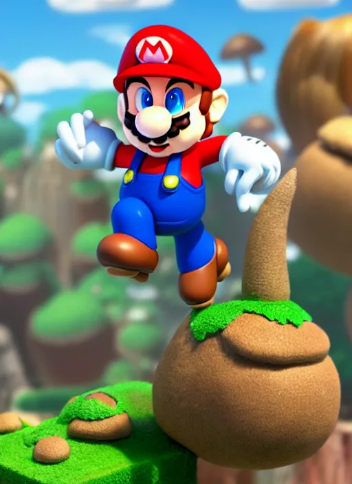 Image similar to super mario as nendoroid, jumping in mushroom kingdom in the croods movie style, anime, disney, pixar, 8 k, hd, dof, kodak film, volumetric lighting, subsurface scattering, photorealistic, octane render, details