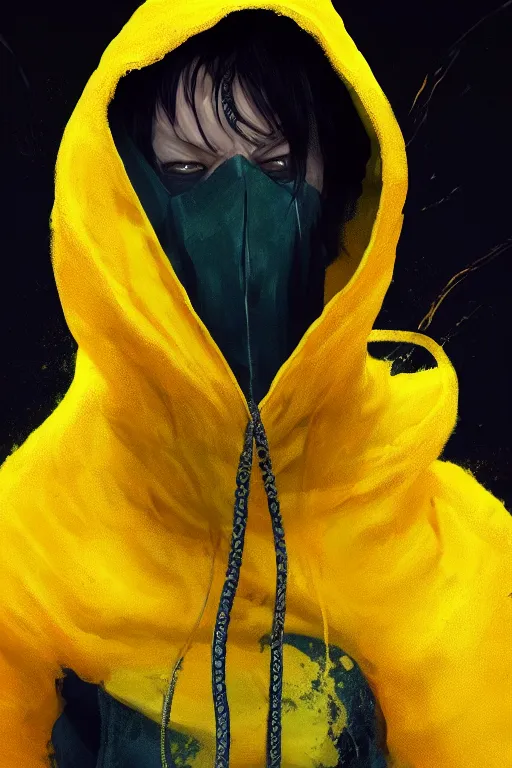 Prompt: A full body portrait of a mysterious character with no face with a very long yellow hooded cloak with tentacles coming out the bottom art by Maciej Kuciara and Jason Chan, trending on artstation, Ultra detailed, hyper realistic 4k
