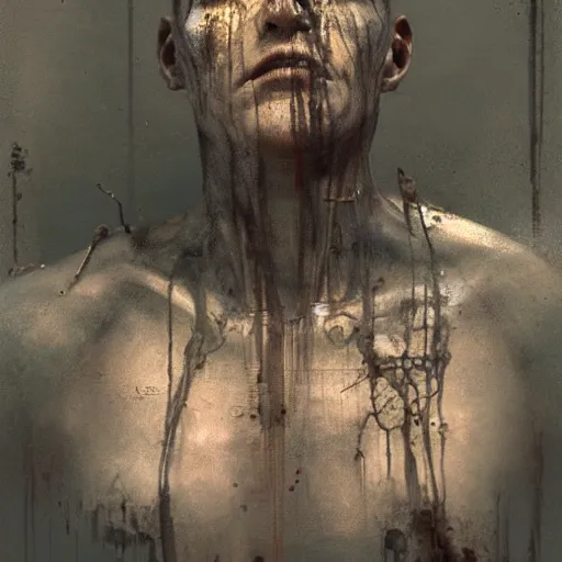 Image similar to mugshot photo of an ugly criminal, cyborg, (((high tech, cyberpunk))), by cy Twombly and BASTIEN LECOUFFE DEHARME