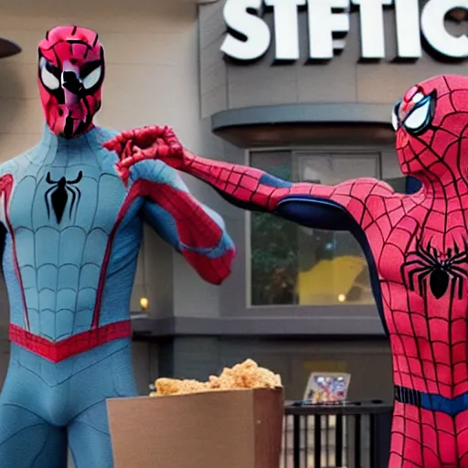 Image similar to Spider-Man & Knuckles ordering a large bucket of KFC chicken at Starbucks