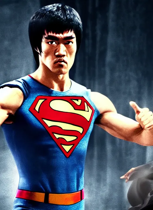 Image similar to Poster Bruce lee fights with superman, , full body, detailed and realistic, 4k, filmic render