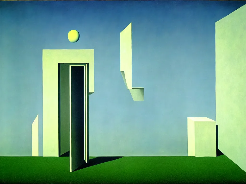 Prompt: liminal space painted by René Magritte, surreal painting, architectural painting
