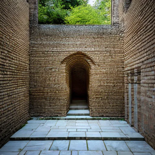 Image similar to courtyard complex of a labyrinthine monastary made of thousands of iteratively stacked and interlocked stones and bricks and wood, fusion of carlo scarpa and louis kahn, ivy growing on the bricks, people walking around and sitting on steps, architectural photography