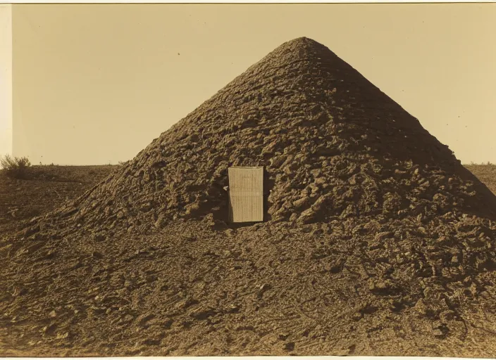 Image similar to Photograph of a small hexagonal dirt tumulus in a lush desert, with a wooden door, albumen silver print, Smithsonian American Art Museum