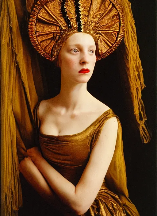 Image similar to portrait of young woman in renaissance dress and renaissance headdress, art by nan goldin