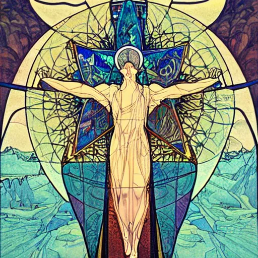 Image similar to a spiritual cross on top of a holy mountain, holy geometry, Mucha, Moebius, Mohrbacher