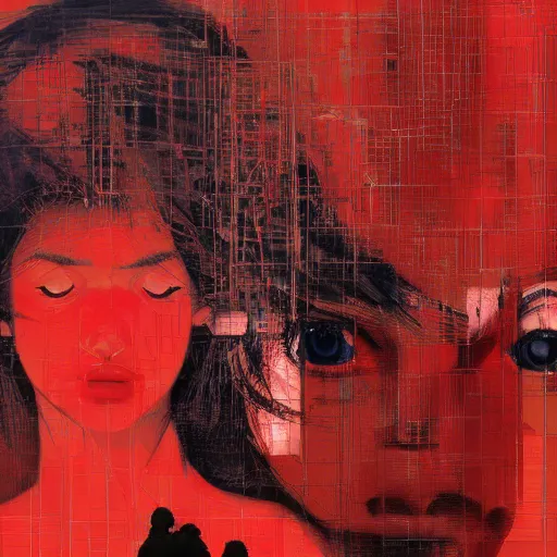 Prompt: portrait of a daydreaming melancholic latina woman in red habit being progressively rasterized into virtual pixels, she is surrounded by digital birds and a giant loving neon mecha robot is beside her, oil on canvas by yoji shinkawa, esao andrews, dave mckean and stina persson