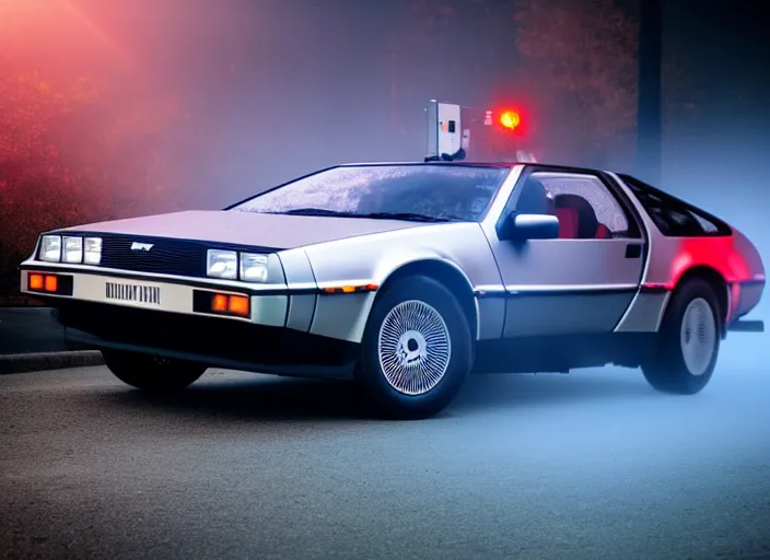 Image similar to a delorean dmc-12 in the mist, blue and red light, backlit