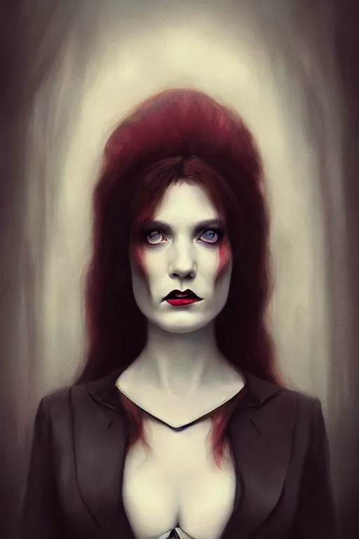 Prompt: a photorealistically painted portrait of lady vampire, dressed in a suit, perfectly symmetric face!!!, beautiful eyes!!, digital painting, concept art, minimal artifacts, volumetric lighting, Artgerm and William-Adolphe Bouguerea, in the style of Tom Bagshaw, trending on Artstation, award winning art