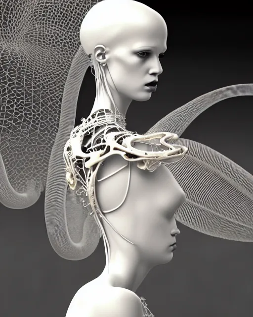 Image similar to dreamy soft luminous bw 3 d octane render, beautiful spiritual angelic biomechanical albino girl cyborg with a porcelain profile face, very long neck, rim light, big leaves and stems, roots, fine foliage lace, alexander mcqueen, art nouveau fashion embroidered collar, steampunk, silver filigree details, hexagonal mesh wire, mandelbrot fractal, elegant