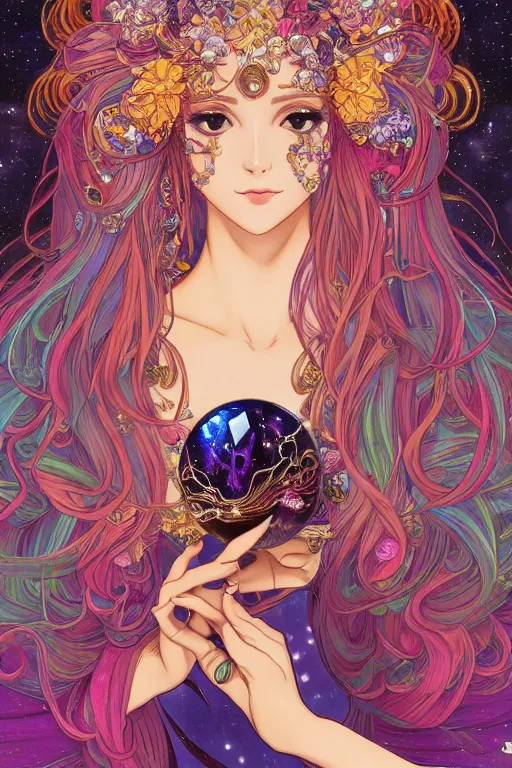 Prompt: psychedelic, intricate, highly detailed, anime, 4k, beautiful seductive woman holding a crystal containing the universe, with professional makeup, long trippy hair, surrounded by gems, underneath the stars, trending on patreon, deviantart, twitter, artstation, volumetric lighting, heavy contrast, by artgerm and Ilya Kuvshinov and alphonse mucha