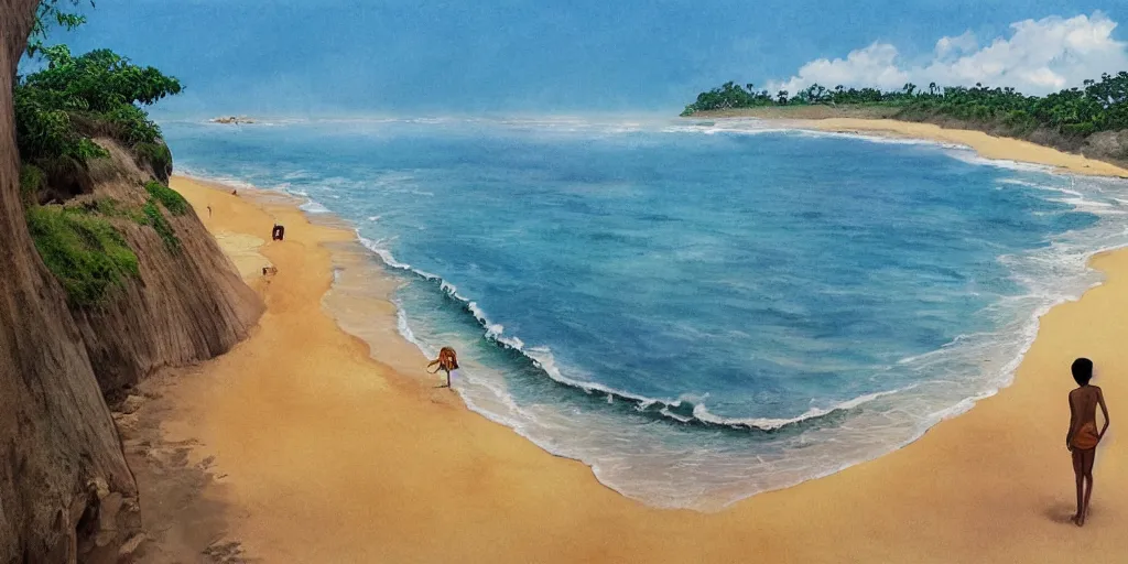 Image similar to sri lankan beach, rule of thirds, drawn by hayao miyazaki