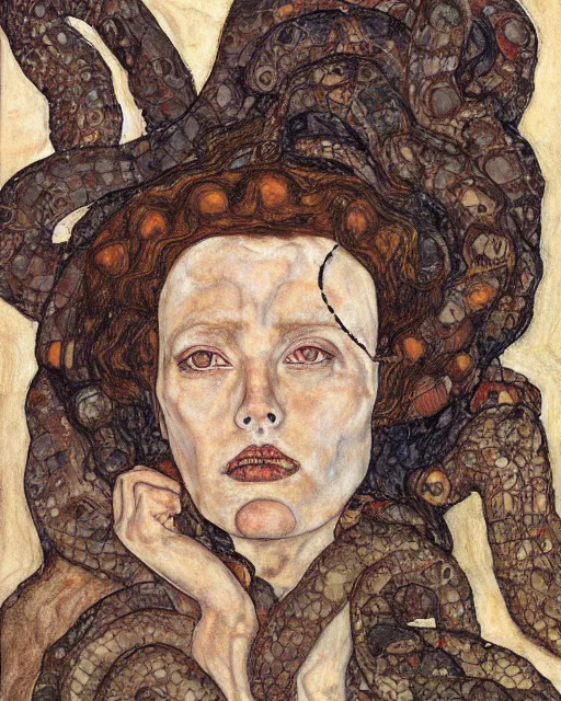 Prompt: portrait of a powerful medusa with many pythons by egon schiele in the style of greg rutkowski