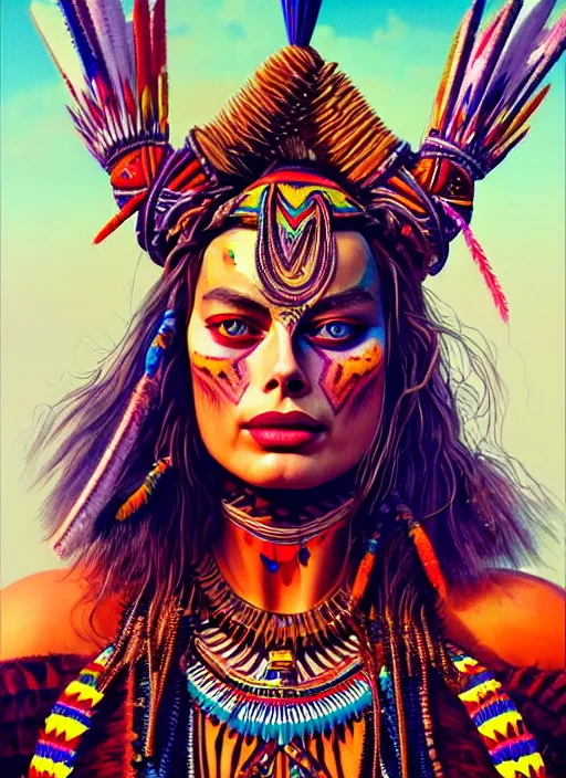 Image similar to portrait of margot robbie, hyper detailed ultra sharp aztec shaman warrior. trending on artstation, warpaint aesthetic, bloodwave, colorful, psychedelic, ornate, intricate, digital painting, concept art, smooth, sharp focus, illustration, art by artgerm and greg rutkowski and h. r. giger, 8 k