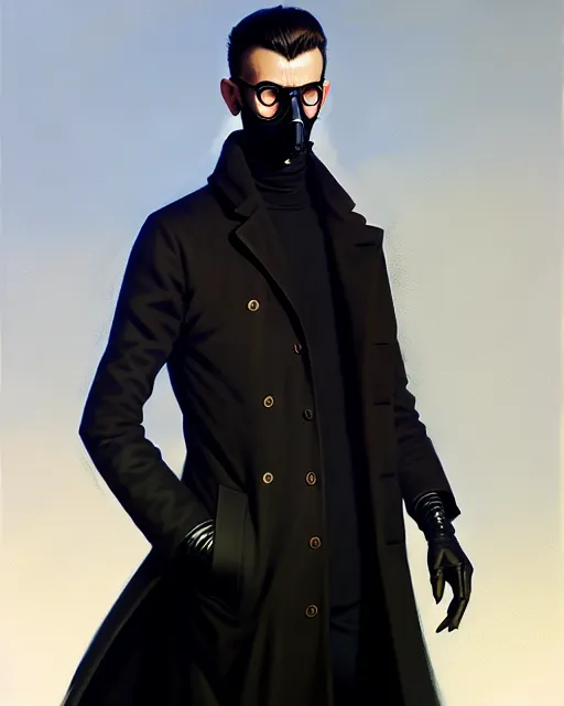 Image similar to a ultradetailed beautiful panting of a european young man wearing black medical mask and black long coat, by ilya kuvshinov, greg rutkowski and makoto shinkai, trending on artstation