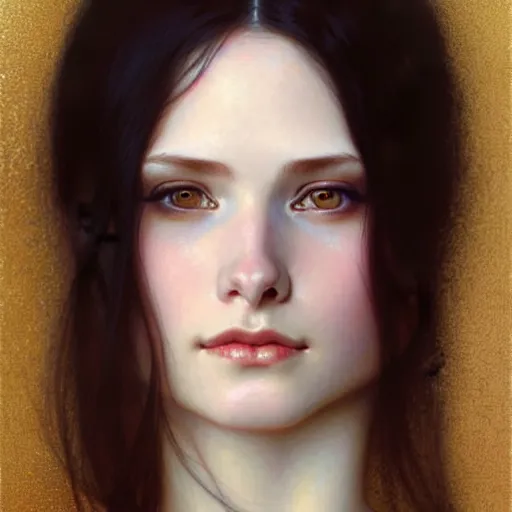 Image similar to Portrait of a beautiful, pale skin, female with long black hair, dark brown eyes, gentle smiling expression, elegant clothing, photorealistic, highly detailed, artstation, smooth, sharp focus, art by Klimt, artgerm, Greg Rutkowski and Alphonse Mucha