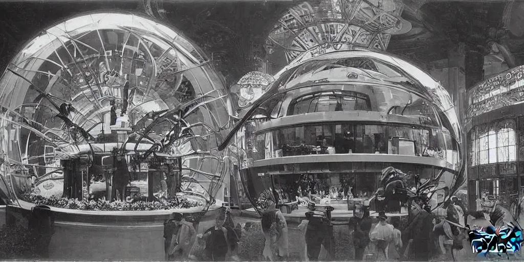 Prompt: futuristic invention display at the worlds fair, 1 9 0 0 s photograph