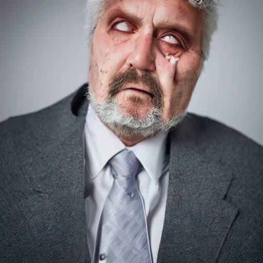 Image similar to photograph of old man wearing suit, sinister, dark circles under eyes, overweight, sagging skin, caucasian, hair becoming gray, cult leader, sigma 85mm f/1.4, 4k, depth of field, high resolution, 4k, 8k, hd, full color