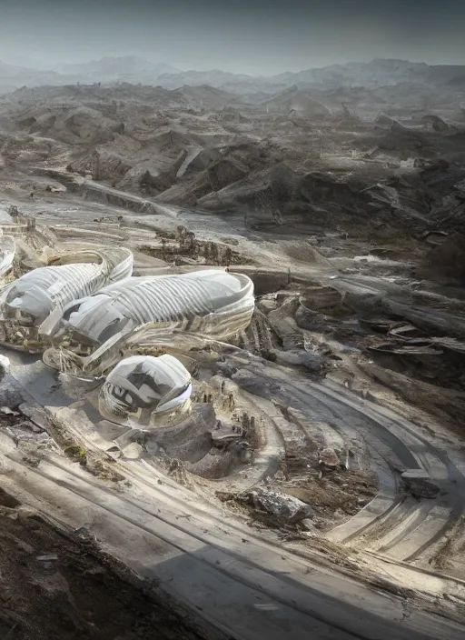 Image similar to bioremediation white mining tailing futuristic horizontal architecture in chuquicamata, epic, cinematic, hyperealistic, high detailed, corona render, hdr, ray tracing