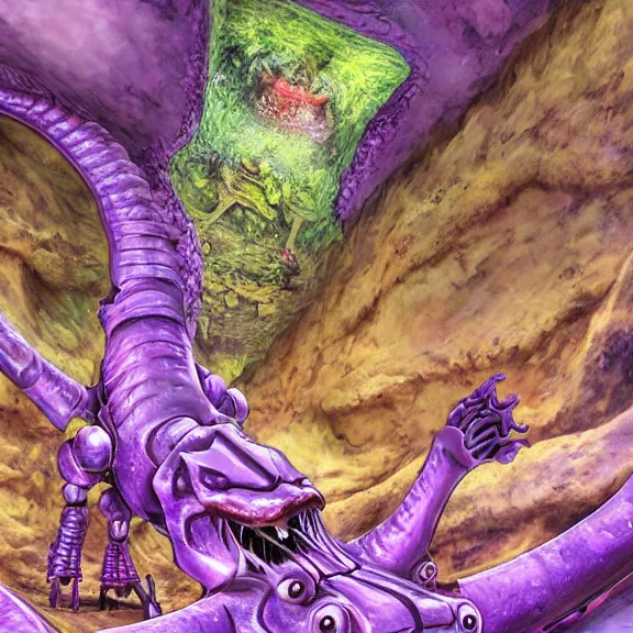 Prompt: detailed shot of inside a cavernous living stomach of a giant mecha dragon, the walls purple and pulsing, slimy and hot, lots of acid pooling up on the floor, digesting humans that ended up inside, swallowed by the dragon, food pov, micro pov, vore, digital art, furry art, high quality, 8k 3D realistic, macro art, micro art, Furaffinity, Deviantart, Eka's Portal, G6