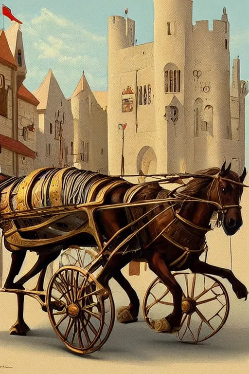 Image similar to ( ( ( ( ( ( ( a medieval chariot riding through town ) ) ) ) ) ) ) by chris mcgrath!!!!!!!!!!!!!! muted colors, detailed