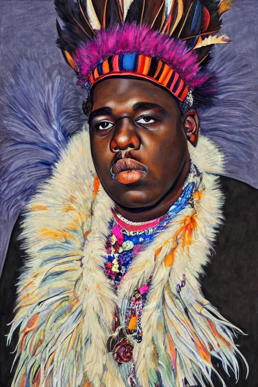 Prompt: a portrait of biggie smalls wearing boho - chic style clothes, with plumes, feathers and fur muffler, full body!!, realistic painting in egon schiele style, masterpiece, hyperdetailed, complex, intricate, 4 k, trending on artstation