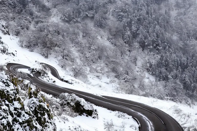 Image similar to a dangerous winding road route on an icy snowy cliff edge, blizzard, photo