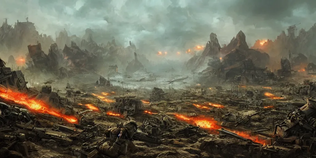 Image similar to WW2 battlefield in New york, matte painting, style of peter mohrbacher