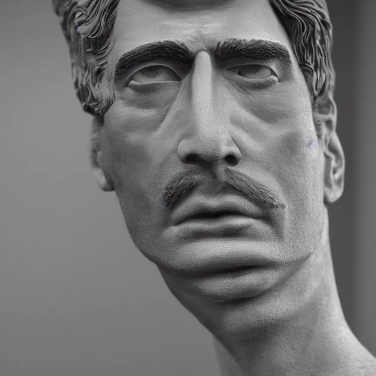 Image similar to studio photograph of hyperrealistic accurate portrait sculpture of young timothy dalton, beautiful symmetrical!! face accurate face detailed face realistic proportions, made of asphalt on a pedestal by ron mueck and matthew barney and greg rutkowski, hyperrealism cinematic lighting shocking detail 8 k