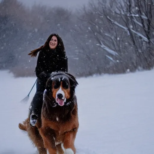 Image similar to girl riding giant Bernese Mountain Dog in the snow, trending on artstation