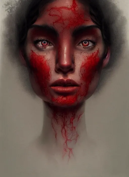 Image similar to a detailed facial portrait of black hair human female with red eyes, a beautiful face, mutation, by tom bagshaw, by dorian cleavenger, zdzisław beksinski, bastien lecouffe - deharme trending on artstation