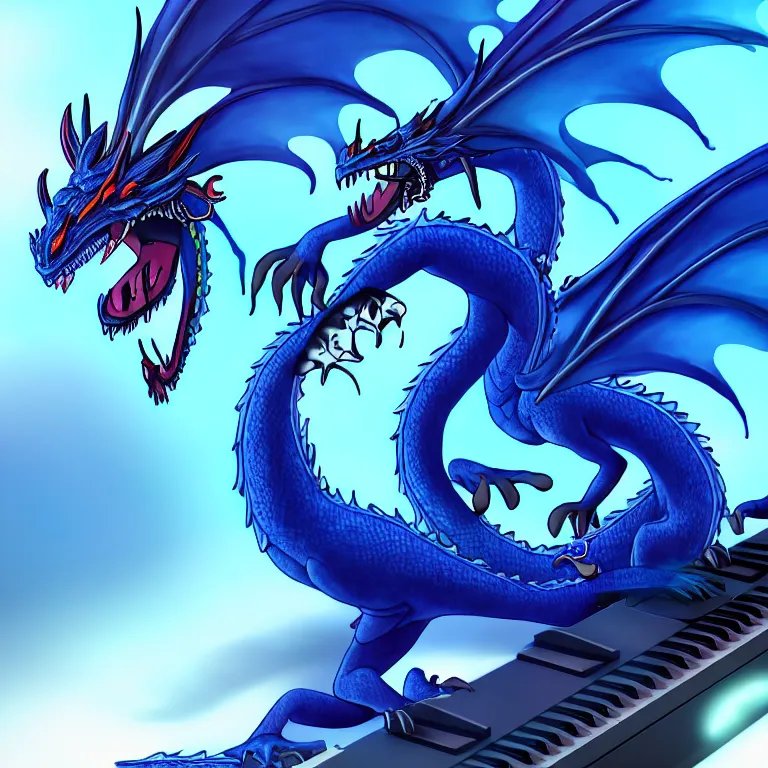 Image similar to an anthropomorphic male blue dragon playing with a synthesizer, deviantart, furry art, highly detailed, 8k