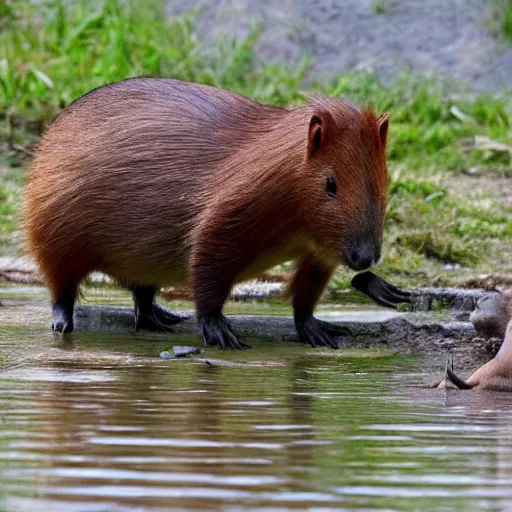 Prompt: a capybara fighting the predator